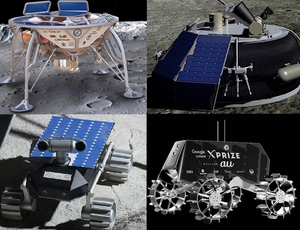 무인 달 탐사 경연대회 ‘구글 루나 엑스프라이즈’의 최종 후보팀들이 달에 보낼 착륙선과 탐사로봇. 윗줄 왼쪽부터 스페이스일, 문익스프레스, 하쿠토,팀인더스. 루나 엑스프라이즈 제공.