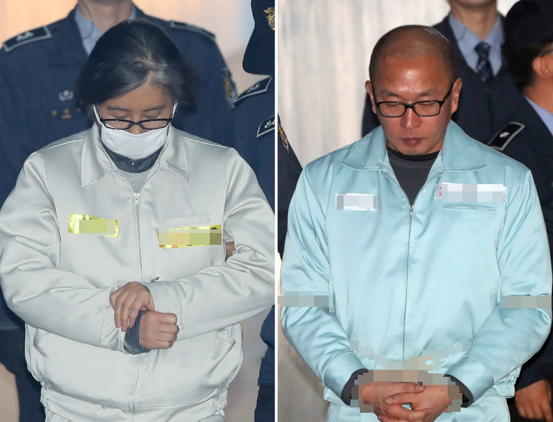 최순실씨와 차은택씨가 7일 오후 서울 서초구 서울중앙지법에서 열린 18차 공판에 출석하기 위해 호송차에 내려 법정으로 향하고 있다. 이날 증인으로 출석한 차은택 씨는 법정에서 처음으로 최씨와 마주했다. 연합뉴스