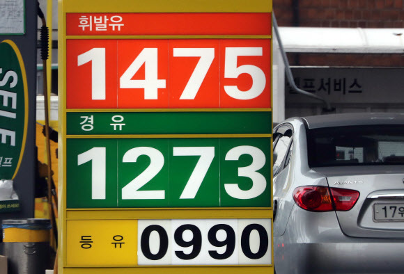 27일 오후 서울 한 주유소에서 휘발유와 경유가 각각 리터당 1천475원, 1천273원에 판매되고 있다. 국제유가 하락으로 지난 1월 이후 2개월여만에 전국 평균 휘발유 가격이 리터당 1천400원대에 진입한 것으로 나타났다. 연합뉴스
