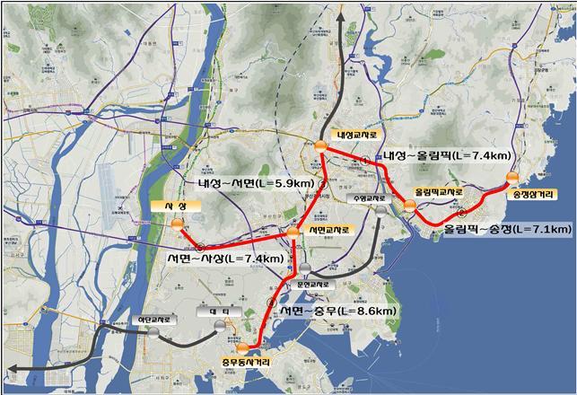 2020년까지 신설 예정인 부산 중앙버스전용차로(BRT) 노선. ♣H6부산시 제공