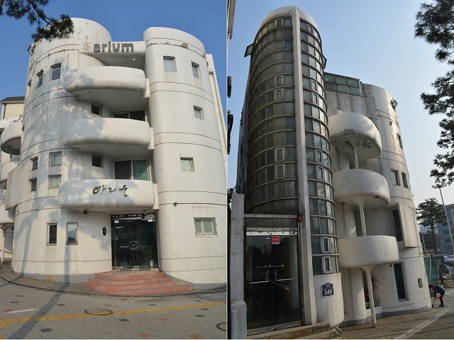 서울 을지로에 있는 옛 서산부인과 건물의 현재 모습(왼쪽)과 측면. 생명에 대한 관심과 애정을 외형의 독특한 디자인으로 풀어낸 김중업의 수작이다.