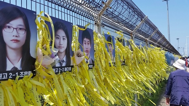 23일 세월호가 거치된 목포신항에 미수습자가 빨리 돌아오길 기원하는 노란 리본들이 바람에 펄럭이고  있다.