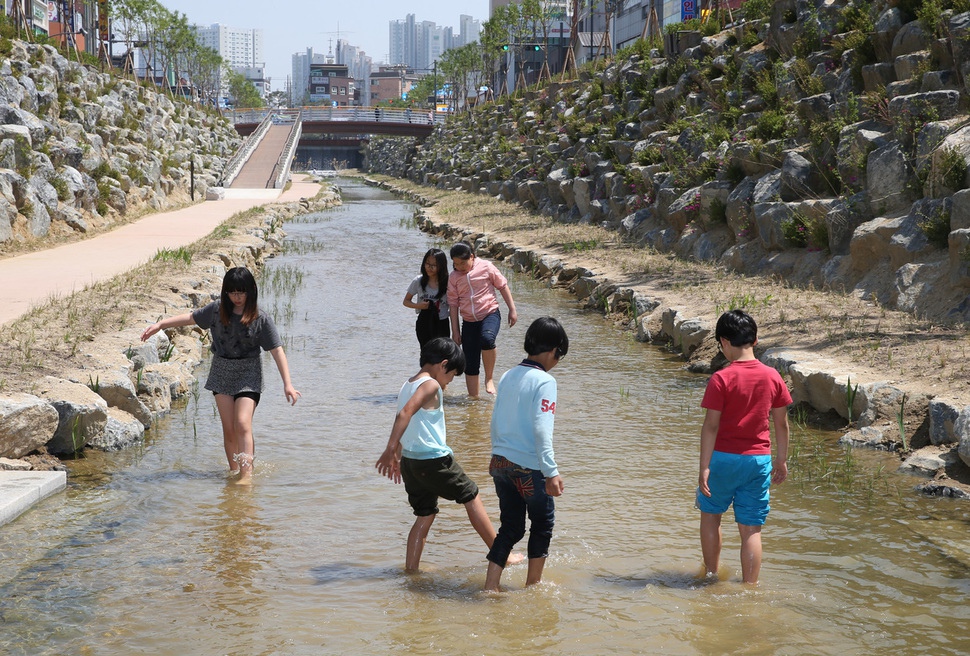 31년 만에 생태하천으로 다시 돌아온 부천 심곡천에서 아이들이 물놀이를 하고 있다.  부천시 제공