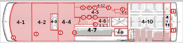 세월호 4층 단면도(4-11이 이틀째 사람뼈가 수습된 객실)
