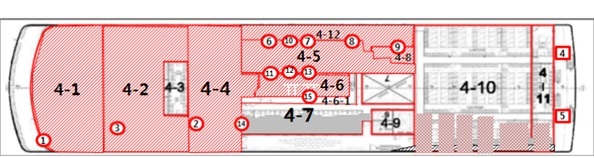 세월호 4층 수색 구역도(유해가 발견된 곳은 4-11 소형 객실 좌현)