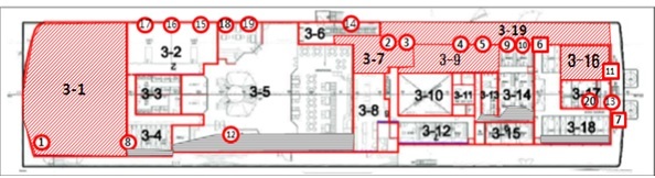 세월호 3층 수색구역도(유해는 3-6, 3-4 구역에서 수습)