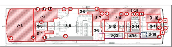 세월호 3층 수색 구역도(3-6이 14~16일 유골 38점이 발견된 객실)
