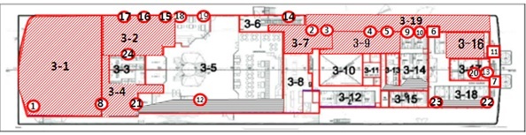 세월호 3층 수색 구역도(중앙 우현 통로 3-6에서 14~16일 사람뼈 38점 수습)