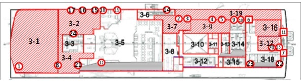 세월호 3층 수색 구역도(3-6은 허다윤양을 수습한 공간)
