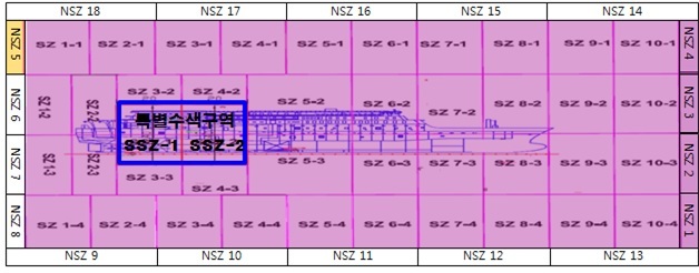 세월호 침몰지점 해저 수색 구역도(19일 NSZ1~NSZ4 수색 완료)