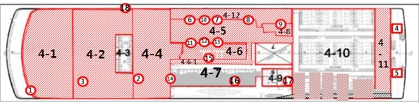 세월호 4층 수색 구역도(4-12가 20일 유골 2점을 수습한 공간)