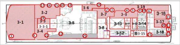 세월호 3층 수색 구역도(빗금은 수색 완료)