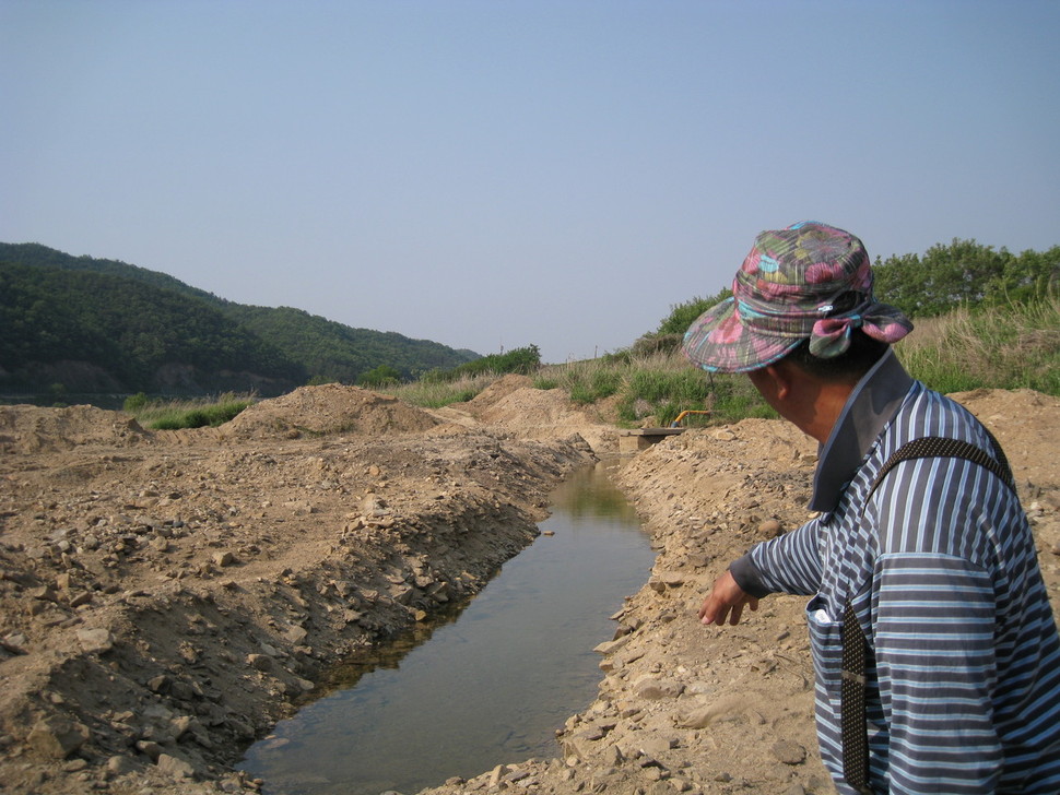 물 부족으로 바닥까지 드러난 청미천에서 농민들이 농업용수를 찾기 위해 하천 바닥을 파헤치고 양수기를 동원해 물을 얻고 있다.