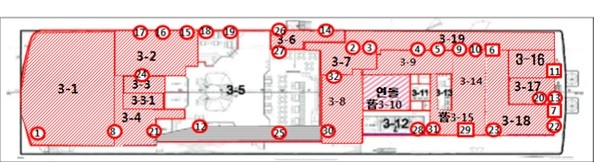 세월호 3층 수색 구역도. 3-5 공용공간이 14일 유골 1점이 발견된 장소다. 해양수산부 제공