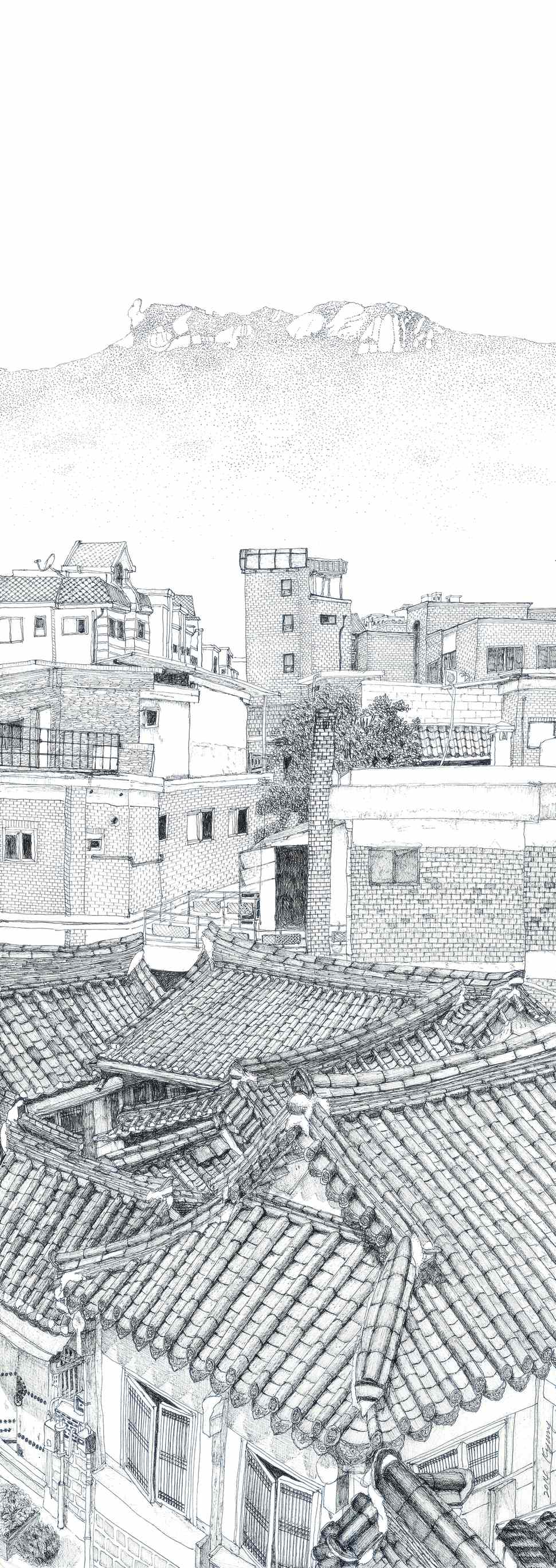 서촌옥상도 6, 2014년, 펜, 29.4×84㎝