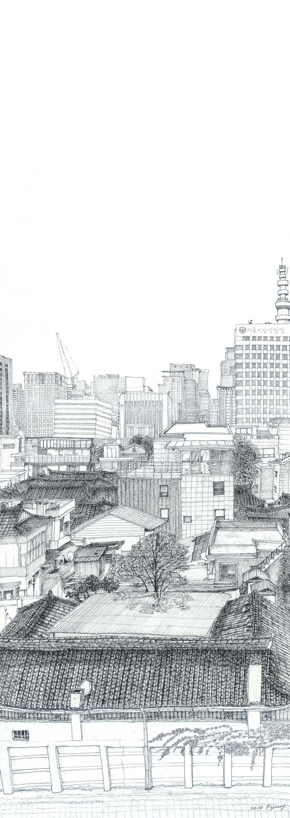 서촌옥상도 8, 2014년, 펜, 29.4×84㎝