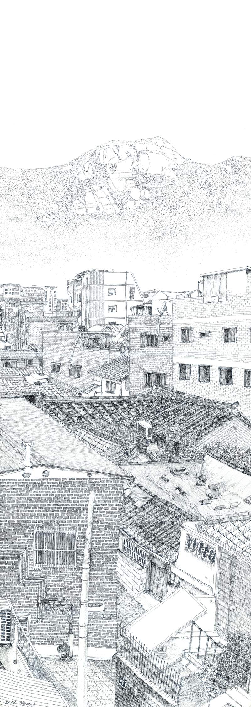 후벼 파듯 한 땀 한 땀 그린 그림들. 그려진 그림들을 보면서, 새로운 나를 발견해 간다. 서촌옥상도 3, 2014년, 펜, 29.4×84㎝