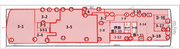 세월호 3층 수색 구역도(남은 구역 3-11, 3-13)  해양수산부 제공