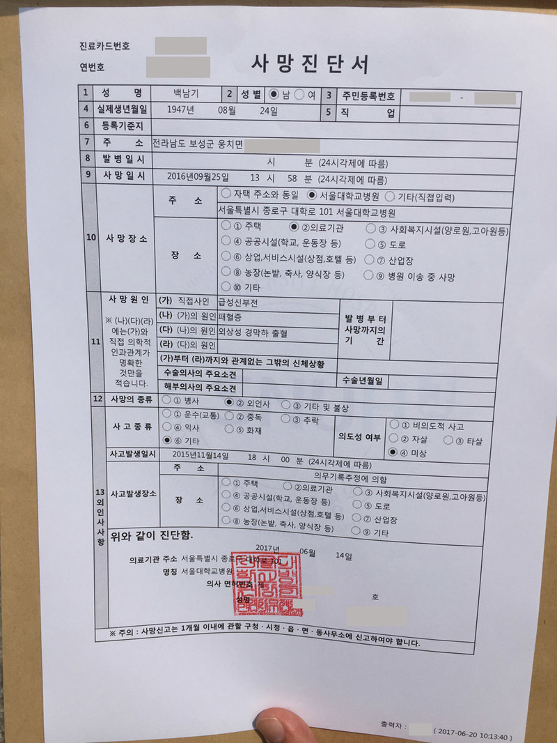 20일 오전 고 백남기 농민 유족이 발급한 백 농민의 사망진단서. 사망의 종류에 ‘외인사’라고 표시돼 있다. 백남기투쟁본부 제공.