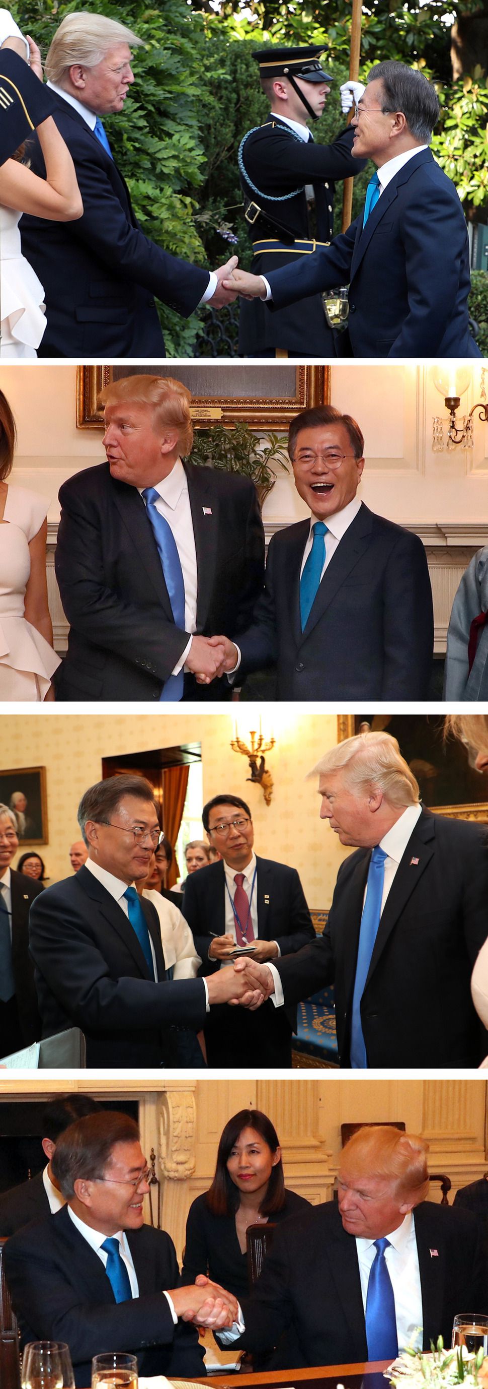 문재인 대통령과 도널드 트럼프 미국 대통령이 29일 오후(현지시간) 백악관에서 열린 상견례 및 만찬에서 모두 네 번에 걸쳐 공개적으로 악수를 했다. 백악관에 도착한 문 대통령을 트럼프가 현관에서 맞으면서 악수하고 있다(위 첫 번째). 실내로 들어가 기념촬영하며 악수하던 중 트럼프 대통령이 포토세션 중 잠시 다른 곳을 보면서 엇박자를 내고 있다(두 번째). 리셉션장에서 다시 만나 악수하고 있으며(세 번째) 만찬장에 앉은 다음 손을 먼저 내민 트럼프가 손이 하얗게 되도록 문 대통령의 손을 꽉 잡으며 악수하고 있다(네 번째).  연합뉴스
