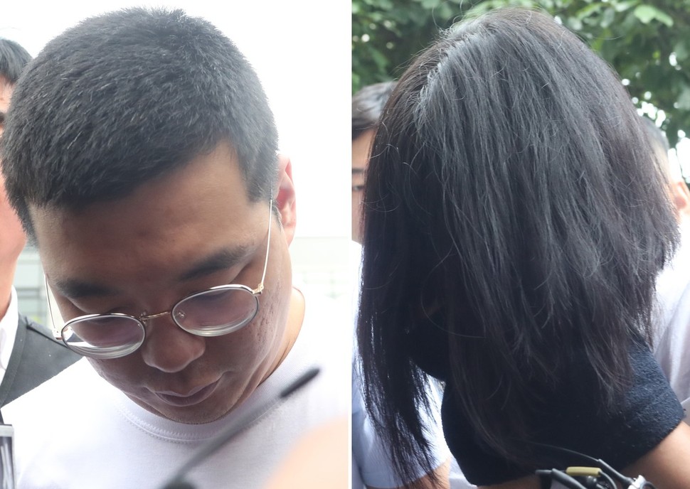 창원 골프연습장 주부 납치·살인 사건의 주범 심천우(왼쪽)씨와 강정임씨가 5일 구속 전 피의자 심문을 받기 위해 창원지법에 따로 들어서고 있다. 연합뉴스