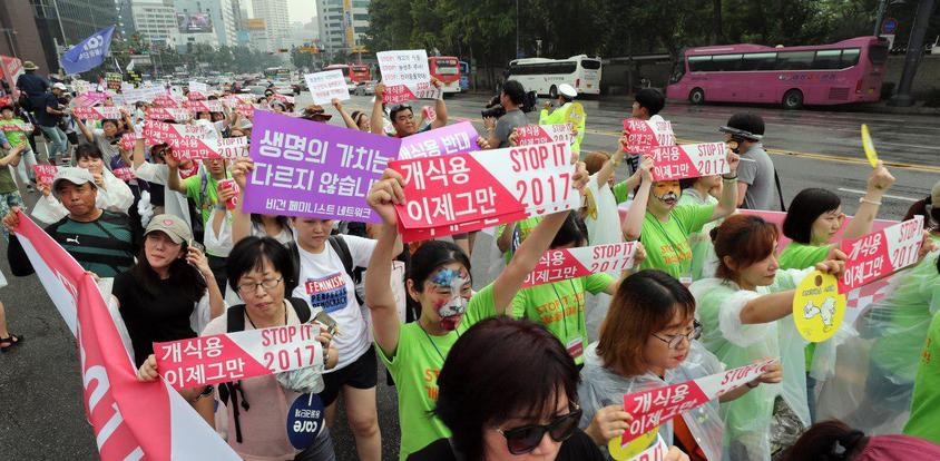 동물권 단체 ‘케어’와 동물자유연대 등 동물보호단체 회원들이 9일 오후 서울광장에서 열린 ‘스톱 잇(STOP IT) 2017’ 페스티벌을 마친 뒤 개고기 식용 금지를 주장하며 행진하고 있다. 김경호 선임기자 jijae@hani.co.kr