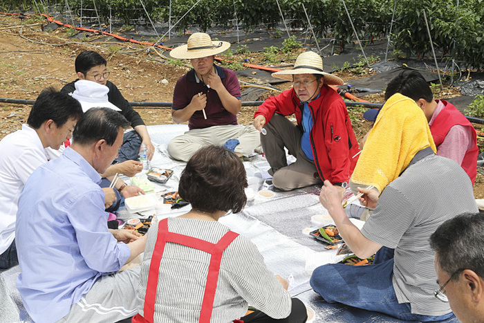 19일 점심식사를 하고 있는 홍준표 자유한국당 대표. 자유한국당 누리집