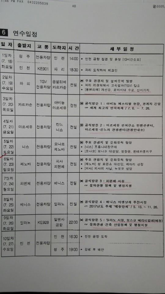 충북도의회 의원과 충북도청 공무원 등 8명의 유럽 국외 연수 일정.오윤주 기자