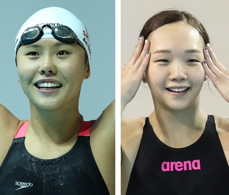 23일(현지시각) 헝가리 부다페스트에서 열린 국제수영연맹(FINA) 세계대회에서 접영 100m 결선에 진출한 안세현(왼쪽)과 개인혼영 200m 결선에 오른 김서영.  연합뉴스 자료사진