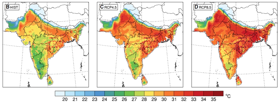 온실가스 저감을 위한 노력을 하지 않을 경우(D·RCP 8.5) 남아시아의 상당 지역에서 위험 수준의 습구온도가 나타날 것으로 예측됐다. 온실가스 감축 노력을 상당히 기울여도 위험 수준의 습구온도(C·RCP 4.5)가 현재(B)에 비해 훨씬 많은 지역에서 나타날 것으로 보인다. <사이언스 어드밴시스> 제공