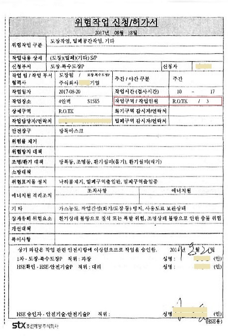 지난 20일 에스티엑스조선해양 선박 아르오탱크 도장 작업을 위한 ‘위험작업 신청/허가서’. 3명이 작업하도록 되어 있으나, 이날 폭발사고로 숨진 노동자는 모두 4명이다. 현장책임자가 옆 작업구역에 투입된 노동자 1명을 임의로 사고구역으로 옮겼기 때문이다.