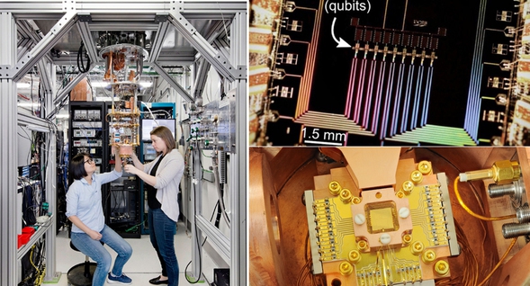 양자컴퓨터의 핵심인 양자 프로세서(양자칩)는 양자 중첩 현상을 여러 방식으로 이용해 개발되고 있다. 왼쪽부터 시계 방향으로 아이비엠과 구글이 초전도 회로에서 전자를 제어하는 방식으로 개발 중인 양자칩, 그리고 이온 입자의 양자 현상을 이용하는 이온덫 양자칩. 왼쪽 연구원은 아이비엠 왓슨연구소의 백한희 박사. 위키미디어 코먼스, 구글, 아이비엠 제공