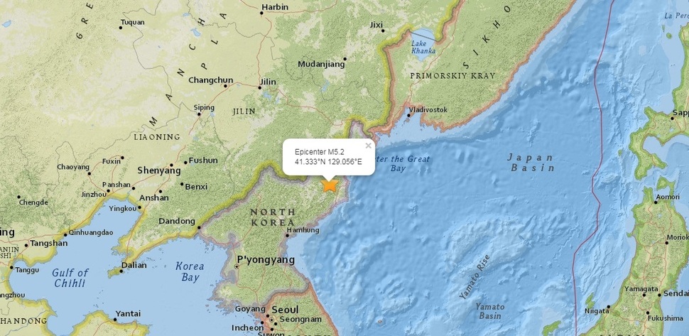 기상청 국가지진화산종합상황실은 3일 오후 12시 36분 북한 함경북도 길주군 북북서쪽 44㎞ 지역에서 규모 5.6의 지진이 발생했다고 밝혔다. 사진은 북한 해당 지역에 표시된 USGS 화면.