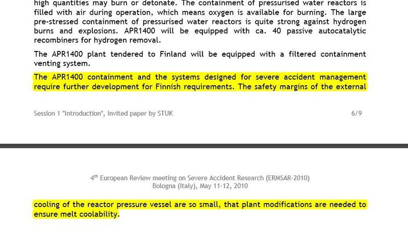 핀란드 핵발전안전규제기관인 스툭(STUK)이 2010년 세계 핵발전소 모델들의 중대사고 대책 수준을 평가해 낸 보고서. 한국의 3세대 핵발전소인 에이피아르(APR)1400에 대해서는 “하나의 여과식 격납용기 배기 설비를 갖추고 있어 핀란드 설계 요건에 부합하려면 중대사고 방지 설비가 더 강화돼야 한다. 원자로 용기 외벽 냉각의 안전한계(안전성)가 너무 작다”며 ‘설계 수정 필요’ 입장을 냈다.