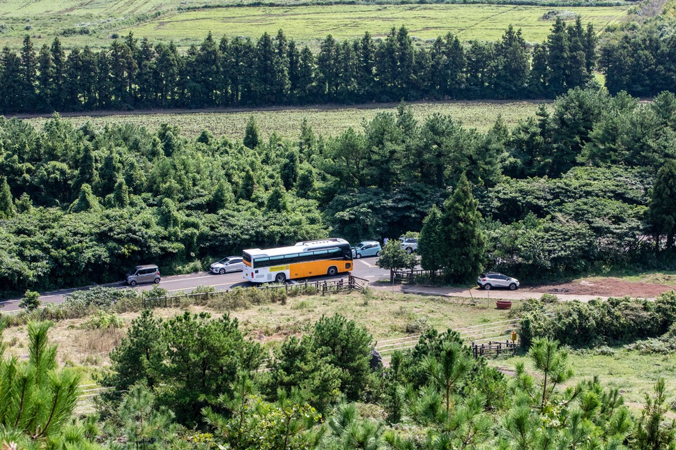 제주도 동부지역 관광지 순환버스는 중산간 오름 지역을 달린다. 관광지 순환버스가 아부오름 정류소를 지나고 있다. 제주/박승화 기자 eyeshoot@hani.co.kr