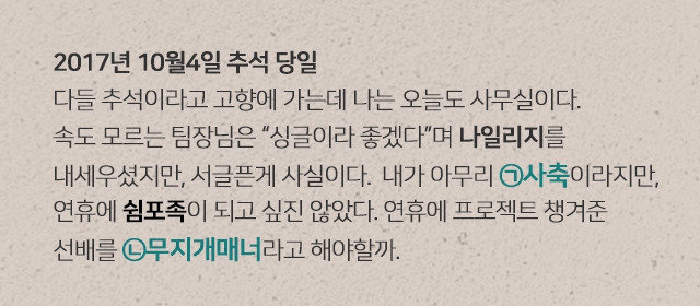 다음은 직장인 ㄱ씨의 일기입니다. 지문을 읽고 옳은 것을 고르세요.