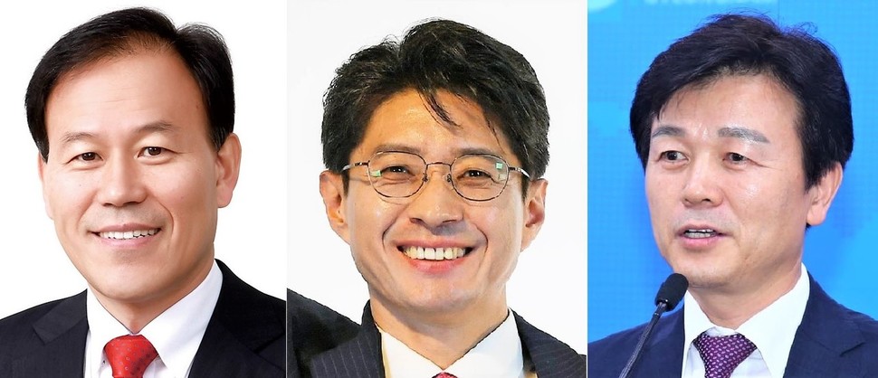 왼쪽부터 윤한홍 자유한국당 의원, 홍준표 자유한국당 대표의 정장수 공보특보, 조규일 전 경남도 서부부지사. 이들은 이른바 ‘홍준표 키즈’의 대표적 인물로, 내년 지방선거 출마가 거론되고 있다.