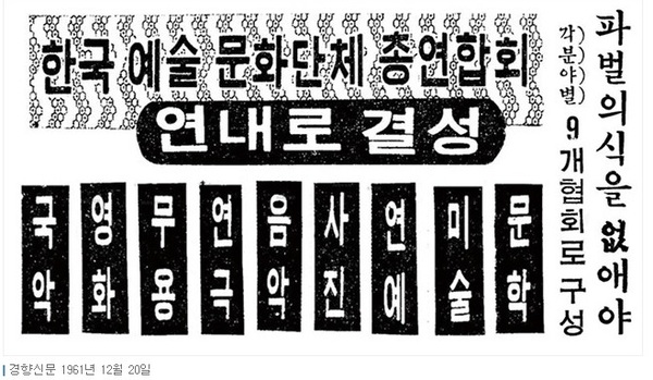 1961년 5·16 쿠데타로 집권한 국가재건위의 명령에 따라 12월29일 9개 협회로 구성된 한국예술문화단체 총연합회가 창립됐다.