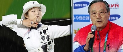양궁 국가대표 최미선(왼쪽)과 대한빙상경기연맹 박성인 명예회장. 연합뉴스