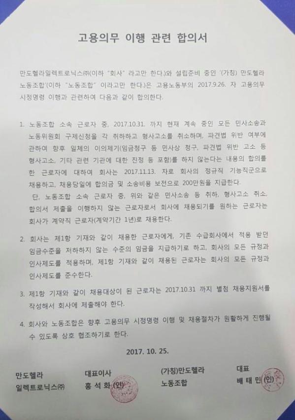금속노조를 탈퇴한 노동자들이 만든 ‘(가칭) 만도헬라 노동조합’과 만도헬라 회사 쪽이 맺은 직접고용 시정명령 이행에 관한 합의문. 금속노조 제공