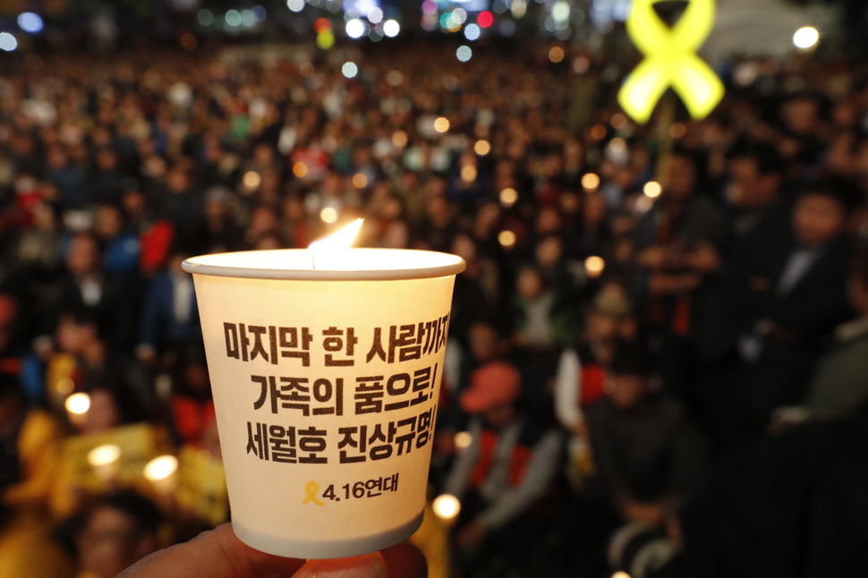 28일 저녁 서울 종로구 광화문 광장에서 박근혜정권퇴진 비상국민행동 기록기념위원회 주최로 열린 촛불 1주년 기념대회 ‘촛불은 계속된다’에서 ‘마지막 한 사람까지 가족의 품으로’ 촛불이 광장을 밝히고 있다. 연합뉴스