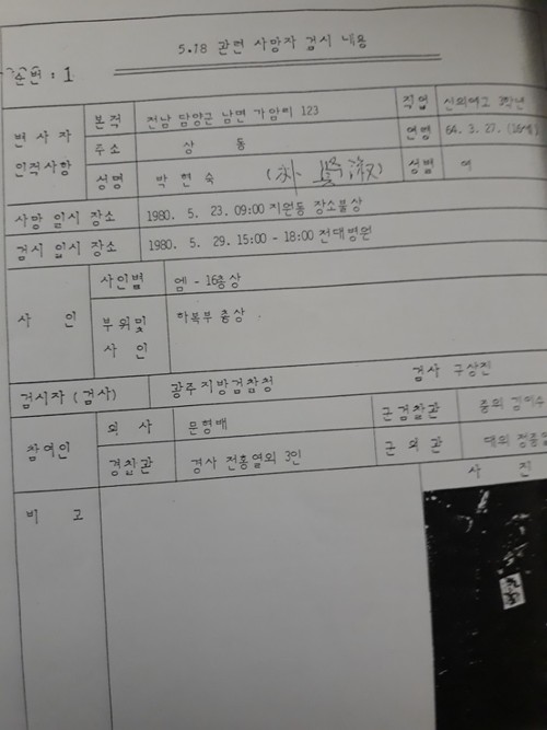 80년 5월23일 버스 총격사건으로 사망한 박현숙씨의 사망자 검시 내용. 이 서류엔 사망 일시가 5월23일 오전 9시로 돼 있다.