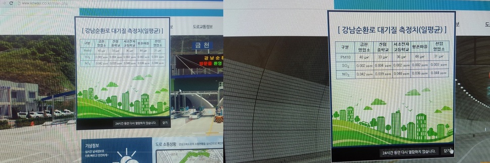 강남순환로는 누리집을 통해 대기질 정보를 실시간으로 공개하겠다고 했으나 지난 한달 동안 같은 숫자만을 제공해 대기질 측정과 관리가 제대로 되고 있지 않다는 의심이 높아지고 있다. 사진은 10월17일 공개된 대기질 정보(왼쪽)와 11월21일 대기질 정보(오른쪽). 5곳 영업소의 미세먼지, 아황산가스, 이산화질소가 같은 숫자를 보여주고 있는 모습. 한국터널환경학회 제공