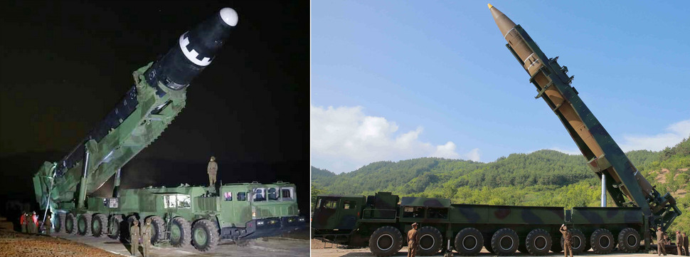 북한이 지난 29일 발사한 신형 대륙간탄도미사일(ICBM)급 ‘화성-15형’(왼쪽)과 7월 발사한 ICBM급 ‘화성-14형’(오른쪽). 북한 매체에 공개된 사진을 보면 ‘화성-15형’은 바퀴 축이 9개인 이동식 발사차량(TEL)에 실린 반면 ‘화성-14형’은 TEL이 8축 차량이며, ‘화성-15형’의 끝 부분이 더 둥글다. 연합뉴스