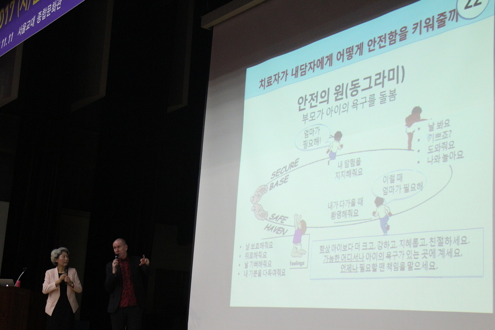 지난달 11일 서울교대에서 열린 감정코칭협회 학술대회에서 마크 라이닝턴 박사가 ‘아동과 성인의 애착과 트라우마 치료’라는 주제로 강연하고 있다. 왼쪽은 통역을 맡은 최성애 에이치디(HD)행복연구소장.