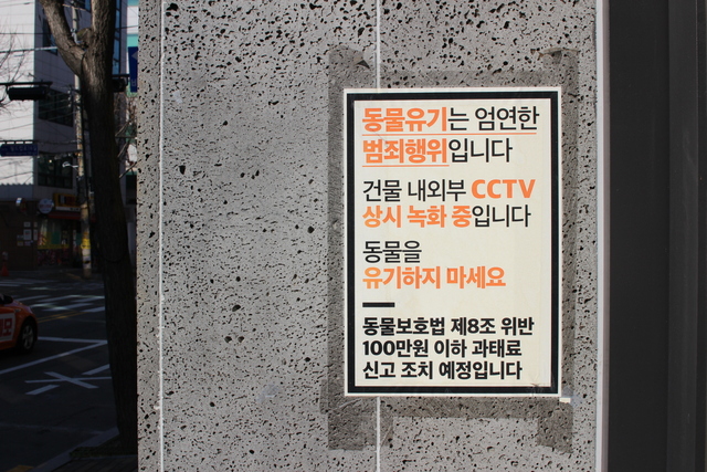 서울 마포구 동물보호시민단체 카라 사무실 앞에 붙은 경고문구. 최근 카라 사무실 앞에서 동물 유기 사건이 잇따르자 카라쪽이 ‘경고 차원’에서 부착한 것이다. 카라 제공.