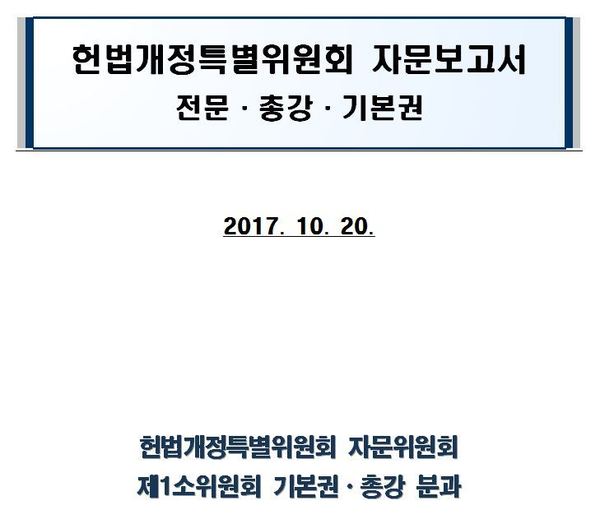 국회 헌법개정특별위원회 누리집에 공개돼 있는 개헌특위 자문위원회의 기본권·총강 관련 헌법 개정안 보고서.