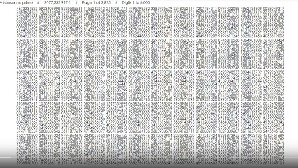 자릿수가 2323만 9425개나 되는 이 소수를 다 적으려면, 6000 자릿수를 한 페이지에 빼곡하게 담더라도 무려 875페이지나 필요하다. 유투브 화면 갈무리  https://youtu.be/WK2gDgi4158