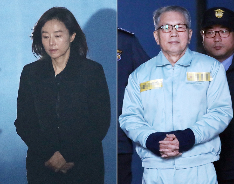 박근혜 정부의 문화·예술계 지원배제 명단인 '블랙리스트' 사건 항고심 선고 공판이 열린 23일 서울 서초동 서울고법에서 징역 2년으로 법정구속된 조윤선 전 청와대 정무수석(왼쪽)과 징역 4년을 받은 김기춘 전 대통령 비서실장이 각각 구치소로 향하고 있다. 연합뉴스