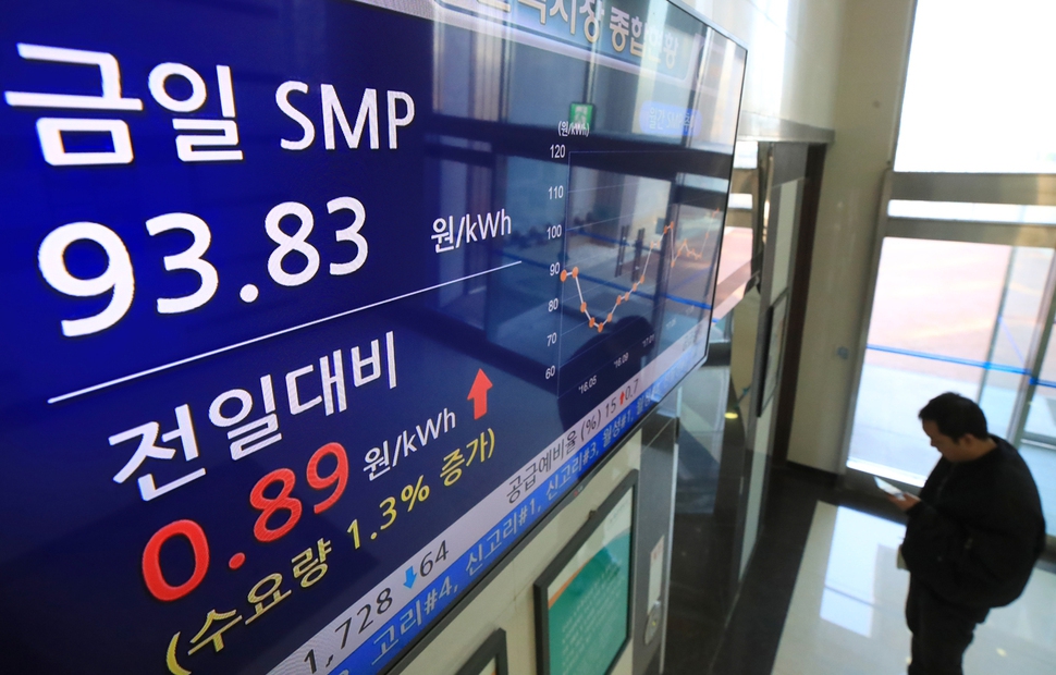 25일 서울 영등포구 한국전력 남서울지역본부에 전력시장 종합 현황이 게시돼 있다. 이날 강력 한파로 난방 수요가 급격하게 몰리면서 전력거래소는 이틀 연속으로 전력수요 감축 요청(급전 지시)을 발령했다. 연합뉴스